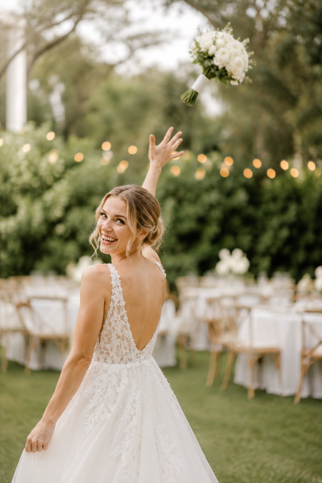 Bride joyfully tossing her white flower bouquet